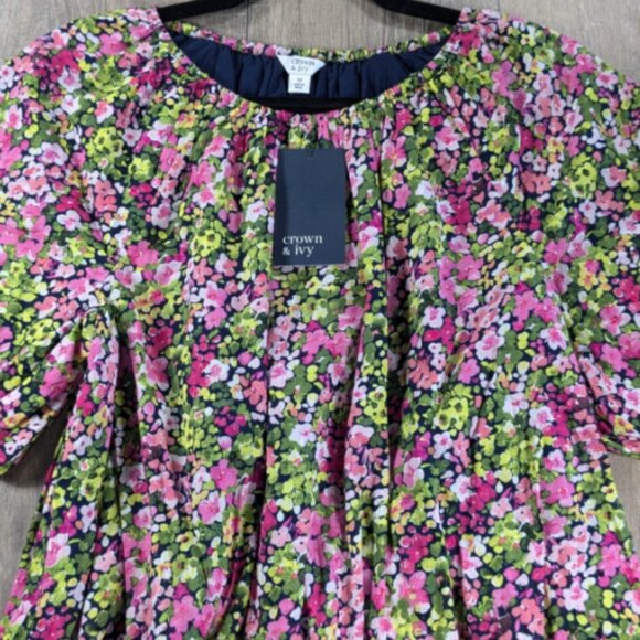 Crown Ivy Top Womens Medium Multicolor Floral Print Peasant Puff Sleeve BOHO NWT - Picture 1 of 10